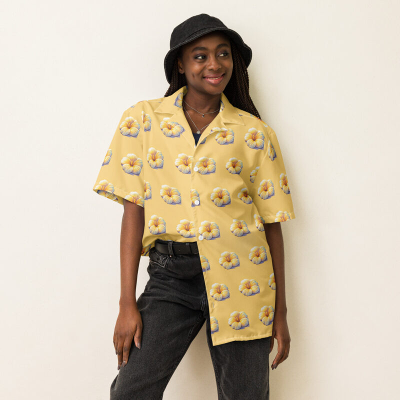 Retro-Pixel-Art Blume in gelben Pastell Sonnenuntergangsfarben Allover-Unisex-Hemd – Hemden – klamottn.de