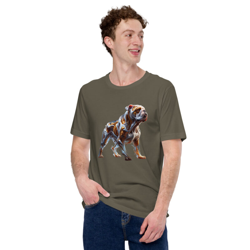 Glasfusion in Bewegung: Die Bulldogge in lebendiger Pose Unisex-T-Shirt