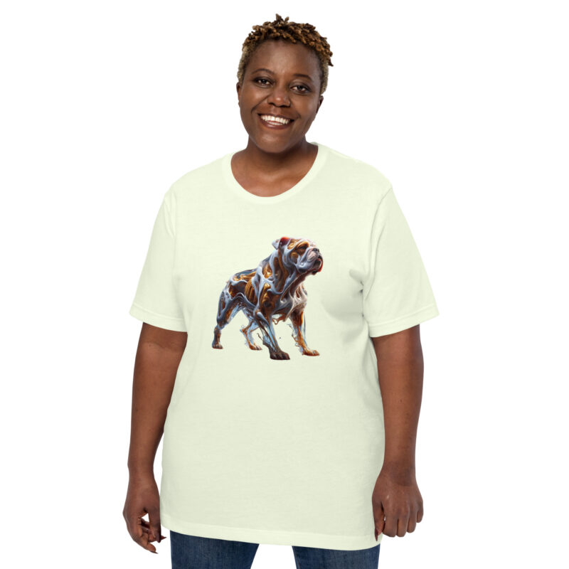 Glasfusion in Bewegung: Die Bulldogge in lebendiger Pose Unisex-T-Shirt – T-Shirts – klamottn.de