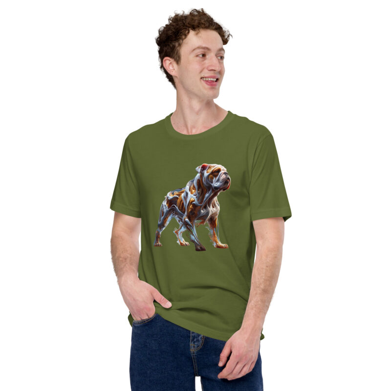 Glasfusion in Bewegung: Die Bulldogge in lebendiger Pose Unisex-T-Shirt
