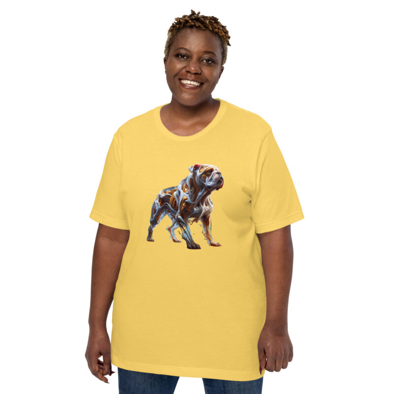 Glasfusion in Bewegung: Die Bulldogge in lebendiger Pose Unisex-T-Shirt – T-Shirts – klamottn.de