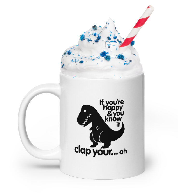 Weiße, glänzende Dino Clap Fail Tasse