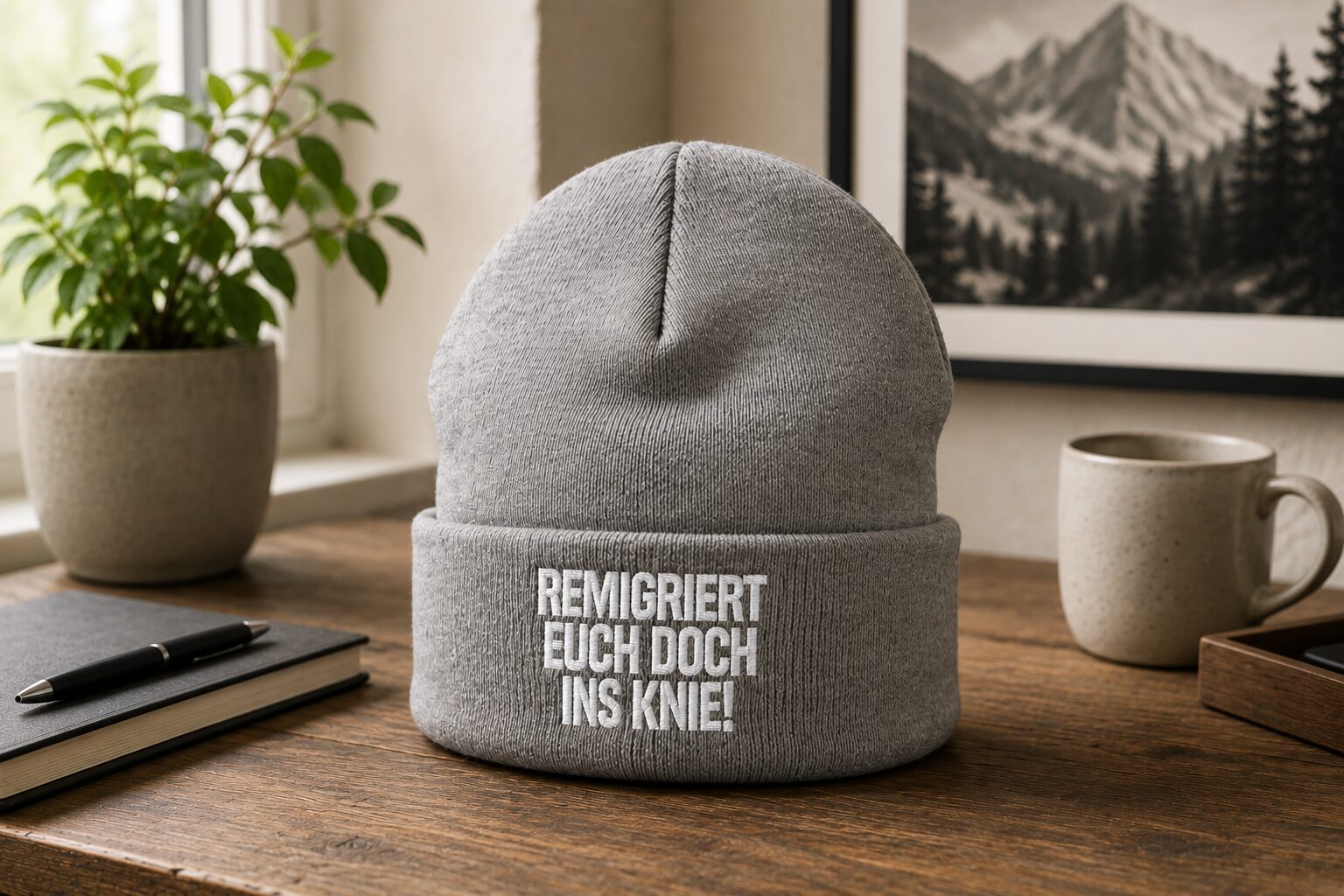 Remigriert euch doch ins Knie Beanie – Accessoires – Klamottn™ Remigriert euch doch ins Knie Beanie – Accessoires – Klamottn™