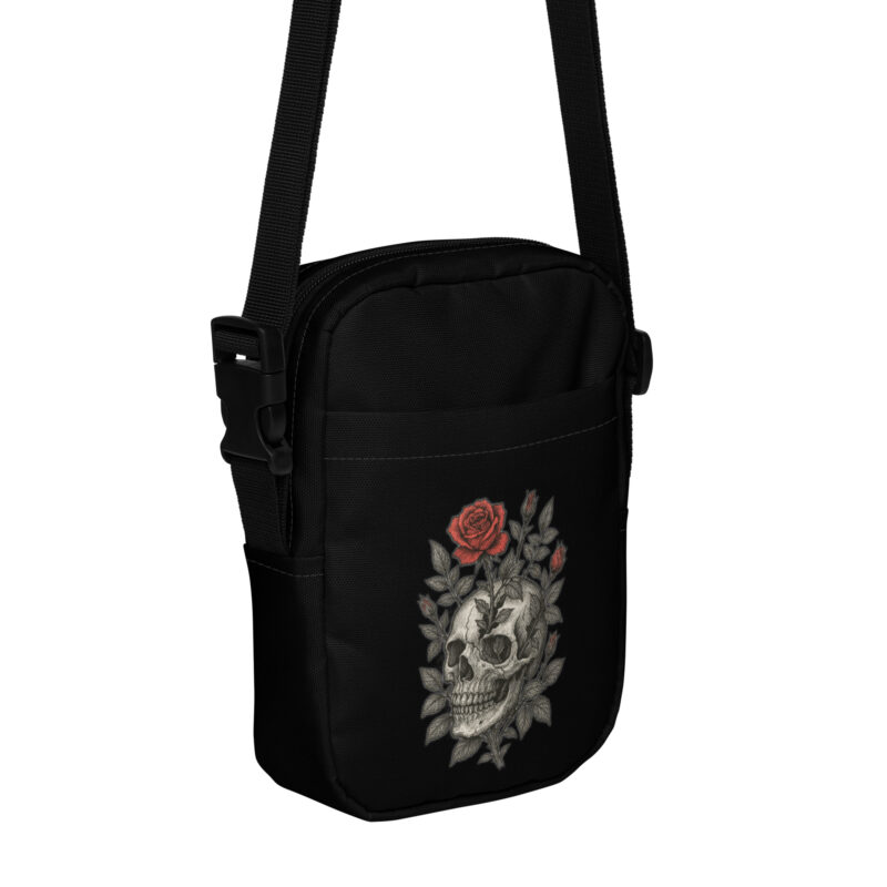 Schädel mit blutroter Rose Umhängetasche – Accessoires – klamottn.de