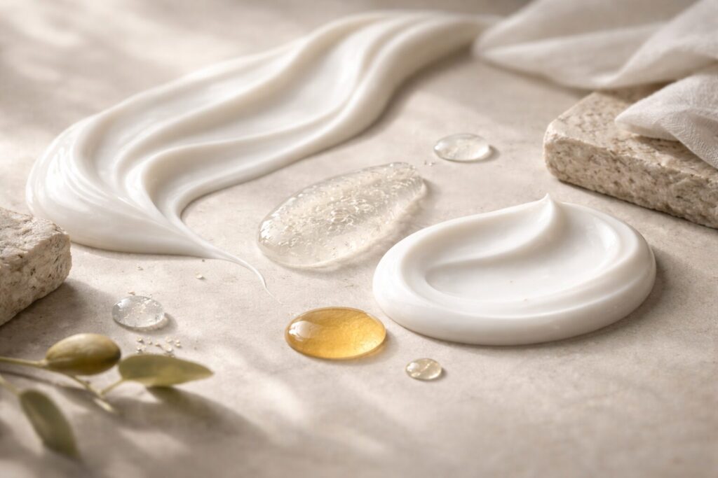 Abstrakte, hochwertige Körperpflege-Ästhetik mit fließenden Creme-Texturen und ruhiger Lichtstimmung – visuelle Darstellung der VARE Pflegelinie für tägliche Hautpflege